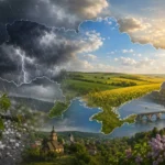 Мапа України з грозовими хмарами та блискавками на заході й сонячним Києвом на сході
