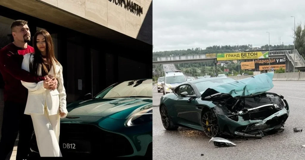Сергій Данилець з Aston Martin DB12 до ДТП та розбитий спорткар після аварії