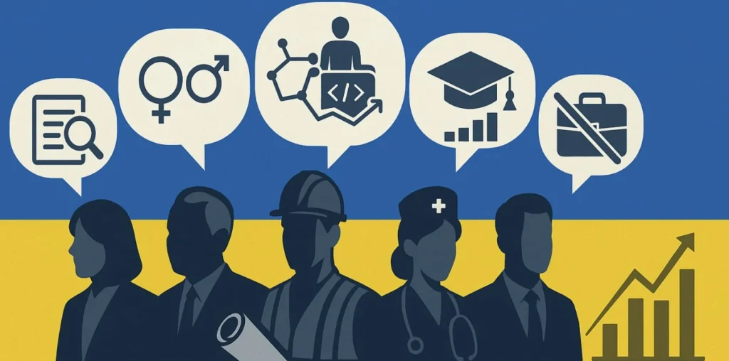 Силуети працівників різних професій на тлі зростання ринку праці України