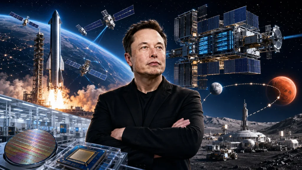 Ілон Маск на тлі космічних дата-центрів SpaceX та супутників на орбіті