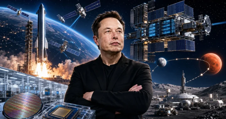 Ілон Маск на тлі космічних дата-центрів SpaceX та супутників на орбіті