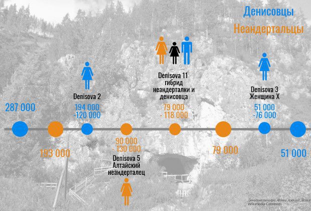 Хронологія знахідок денисівців та неандертальців з генетичними даними популяцій
