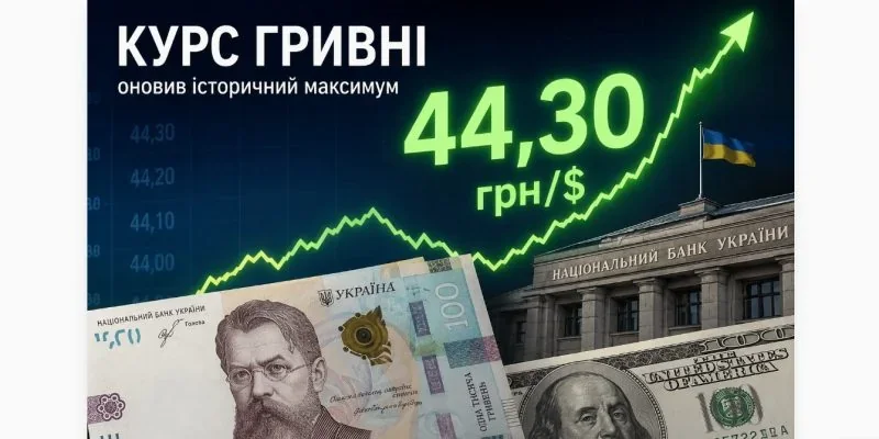 Курс гривні оновив історичний максимум на рівні 44,30 грн за долар