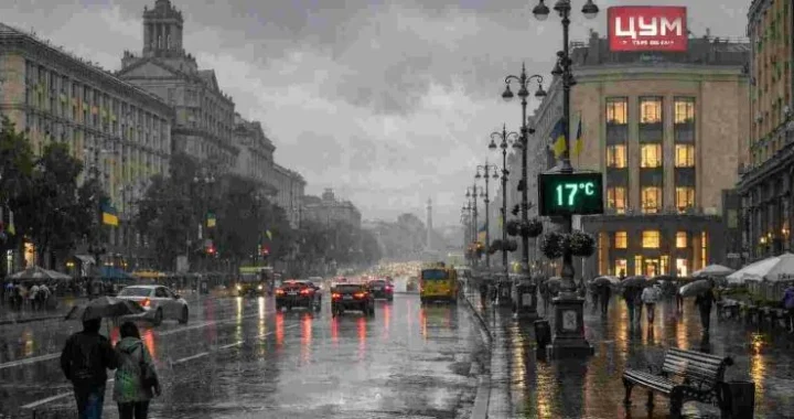 Дождь на улицах Киева 9 июня, люди с зонтами, 17°C на табло ЦУМа