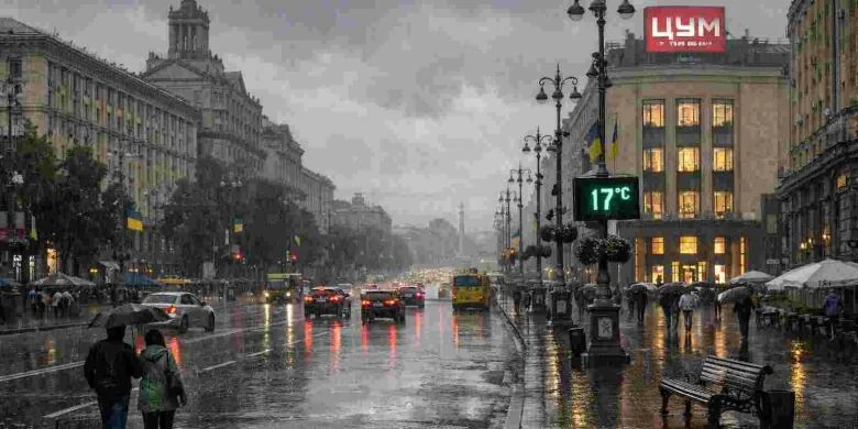 Дощ на вулицях Києва 9 червня, люди з парасольками, 17°C на табло ЦУМу