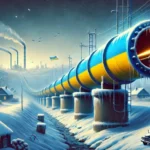 Український газопровід у зимовому пейзажі з прапором та гербом