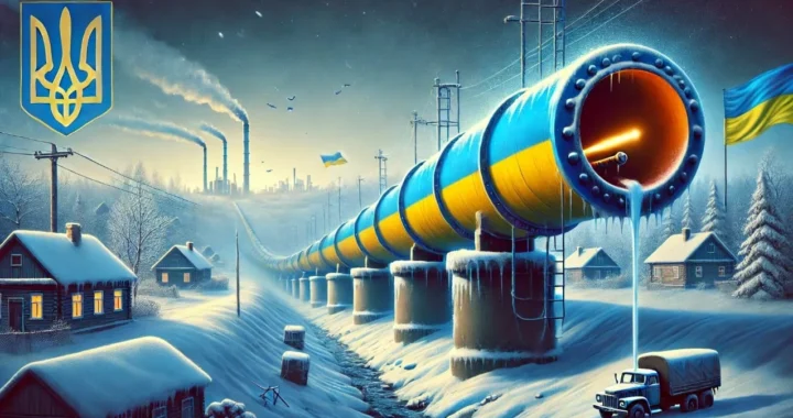 Український газопровід у зимовому пейзажі з прапором та гербом