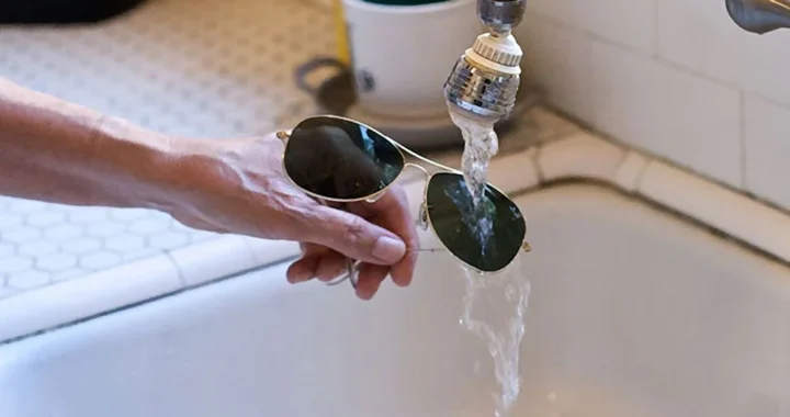 Рука моет очки под проточной водой из крана в раковине