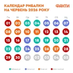 Календар рибалки на червень 2026 року з кольоровими позначками днів для улову