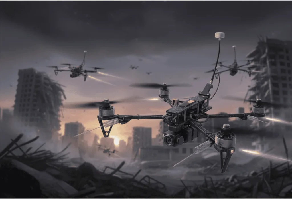 Рій FPV-дронів летить над зруйнованим містом на світанку
