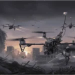 Рій FPV-дронів летить над зруйнованим містом на світанку
