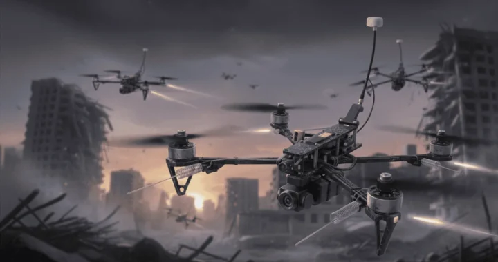 Рій FPV-дронів летить над зруйнованим містом на світанку