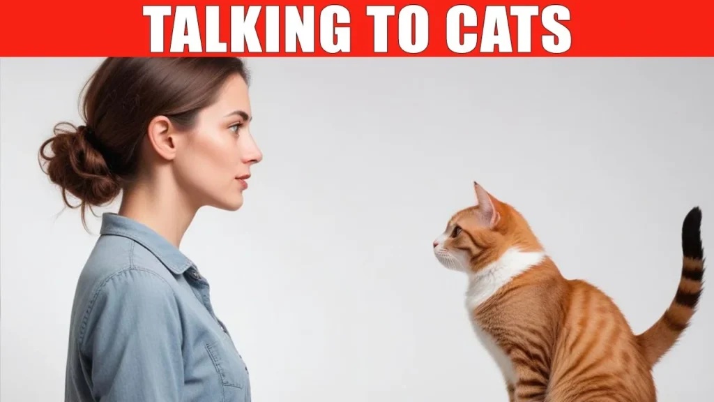 Жінка розмовляє з котом під написом Talking to cats про розуміння слів