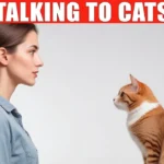 Жінка розмовляє з котом під написом Talking to cats про розуміння слів