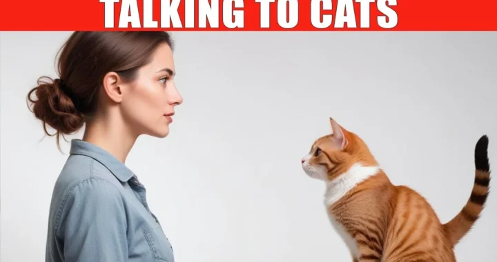 Жінка розмовляє з котом під написом Talking to cats про розуміння слів