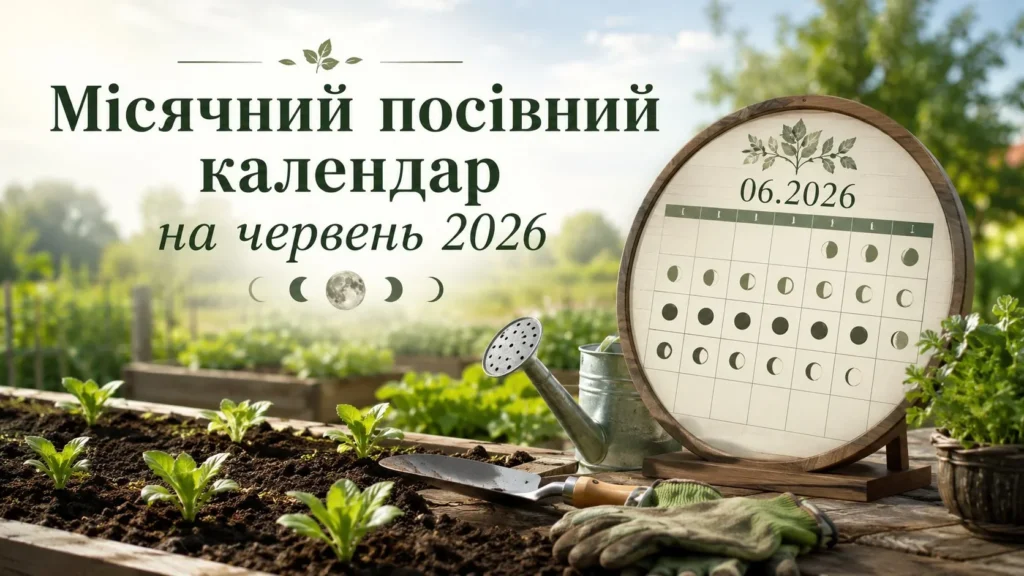 Лунный посевной календарь на июнь 2026 с фазами Луны и садовым инвентарем