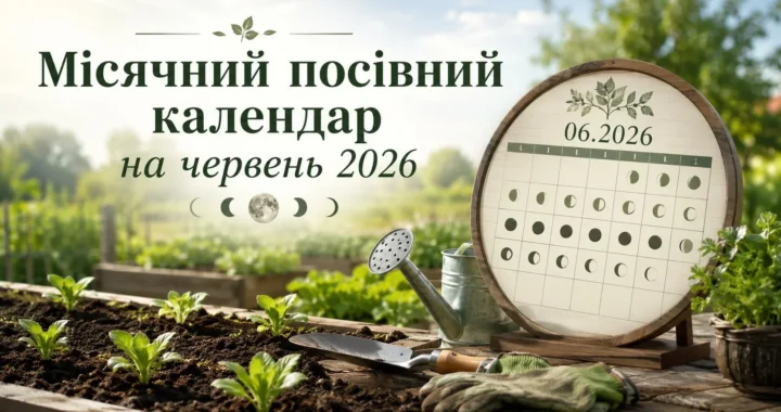 Місячний посівний календар на червень 2026 з фазами Місяця та садовим інвентарем