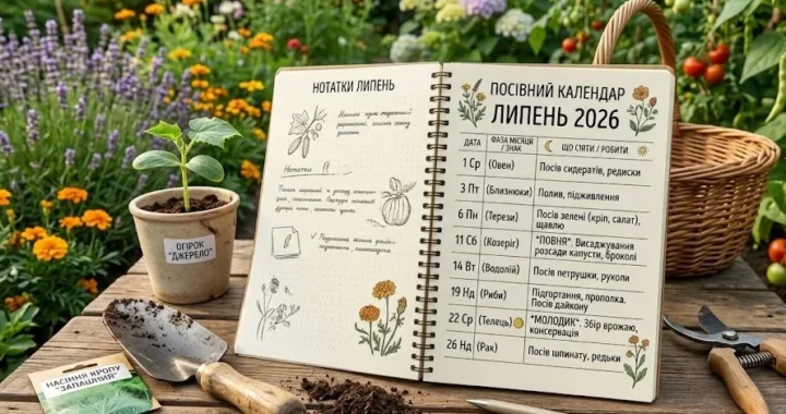 Місячний посівний календар на липень 2026 з фазами Місяця та датами робіт