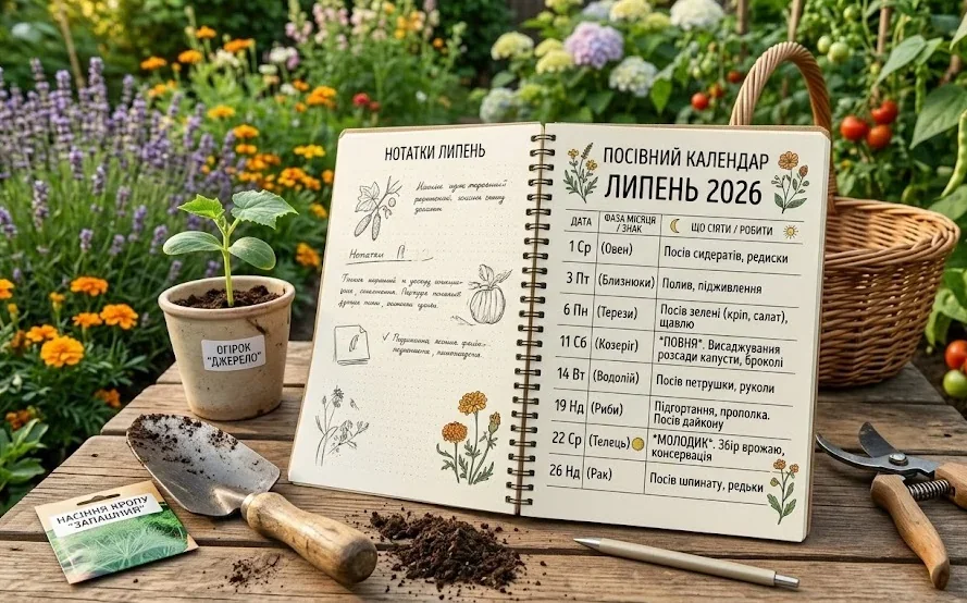 Місячний посівний календар на липень 2026 з фазами Місяця та датами робіт