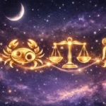 Золоті символи Близнюків, Рака, Терезів та Риб під молодим Місяцем