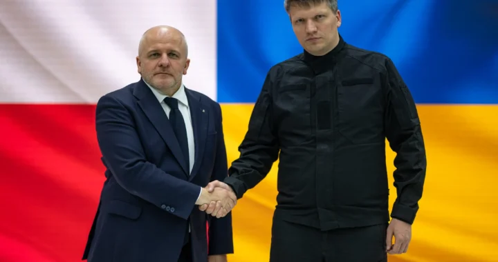 Польский и украинский чиновники жмут руки на фоне флагов Польши и Украины