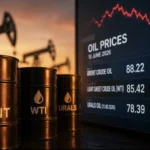 Бочки з нафтою Brent та WTI на тлі графіка падіння цін