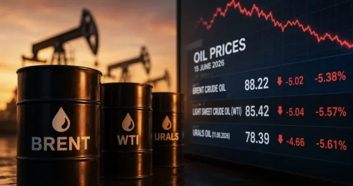 Бочки з нафтою Brent та WTI на тлі графіка падіння цін