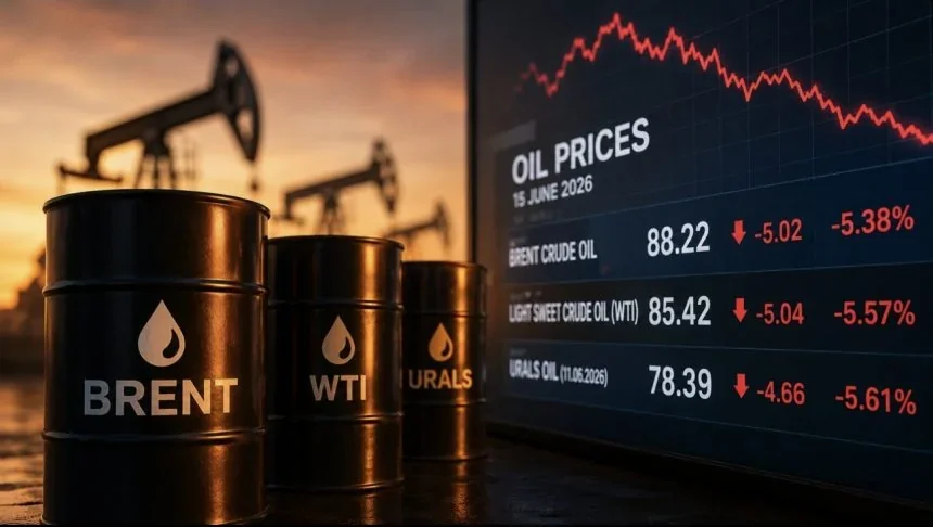 Бочки з нафтою Brent та WTI на тлі графіка падіння цін