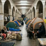 Намети в укритті Київського метрополітену під час повітряної тривоги