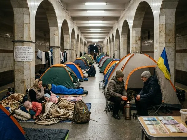Намети в укритті Київського метрополітену під час повітряної тривоги