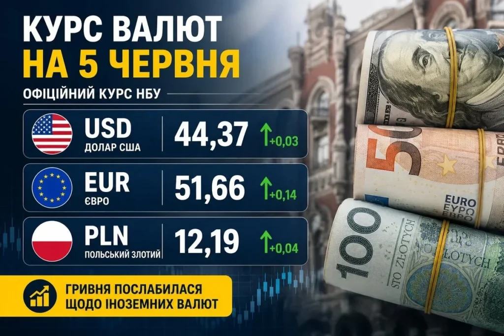 Курс валют НБУ: долар, євро та злотий на 5 червня
