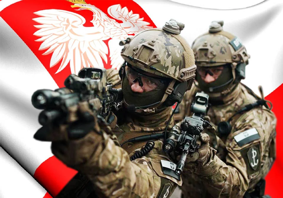 Польські солдати з гвинтівками на тлі прапора Польщі
