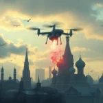 Український дрон пролітає над Кремлем у Москві на тлі хмар