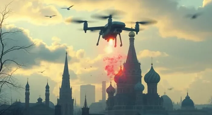 Український дрон пролітає над Кремлем у Москві на тлі хмар