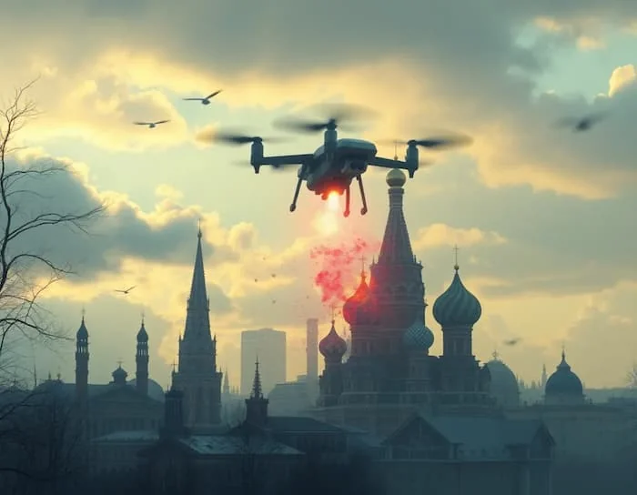 Український дрон пролітає над Кремлем у Москві на тлі хмар