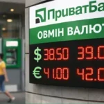 Табло обмена валют ПриватБанка с курсами доллара и евро