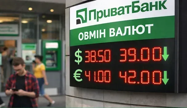 Табло обмена валют ПриватБанка с курсами доллара и евро