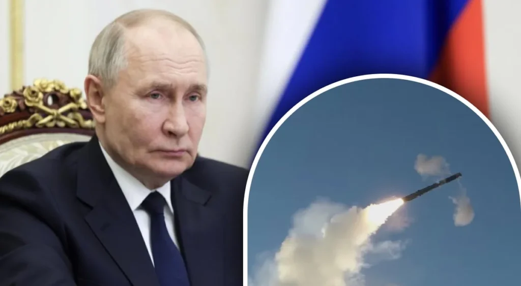 Володимир Путін і російська ракета під час ударів по святинях України
