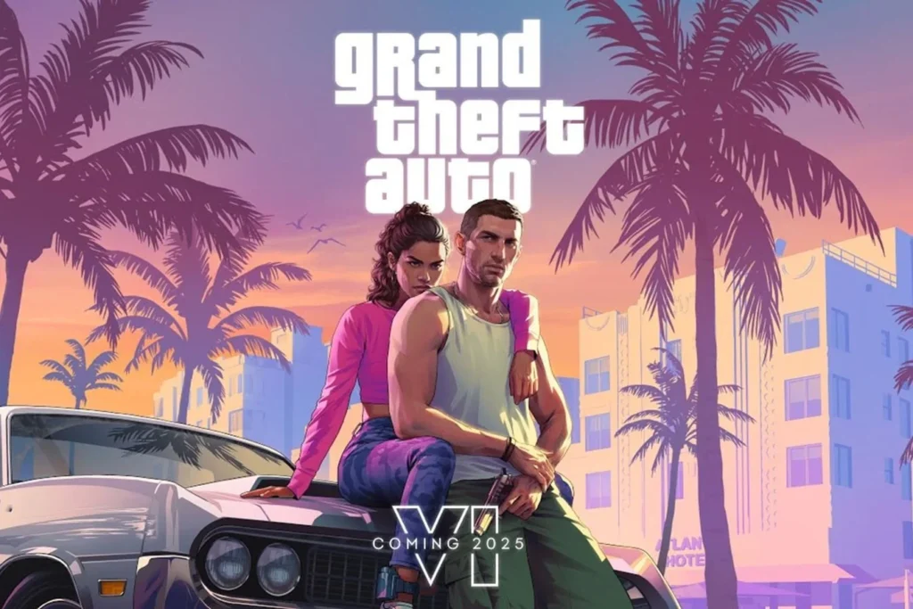 Обкладинка GTA 6 з героями біля ретро-авто на тлі Вайс-Сіті