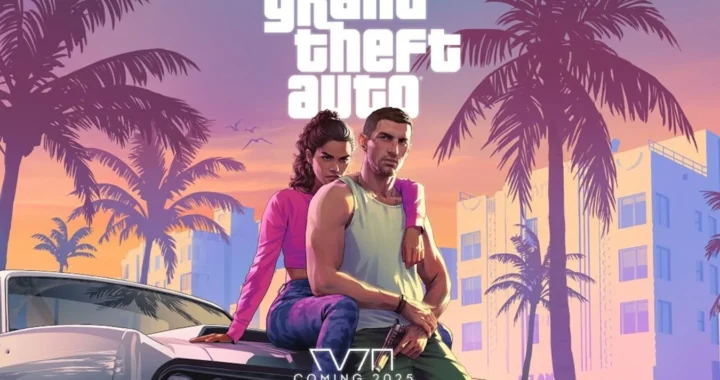 Обложка GTA 6 с героями возле ретро-авто на фоне Вайс-Сити