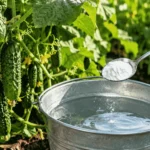 Рука насипає соду з ложки у відро води для обробки огірків
