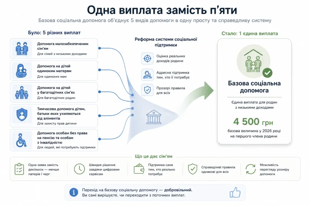 Реформа соціальної допомоги: п’ять виплат об’єднано в базову допомогу 4500 грн у 2026 році