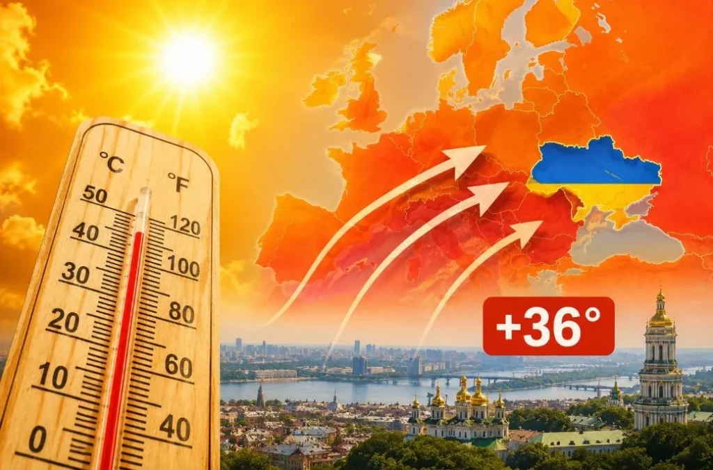 Спека в Києві: термометр і мапа України з температурою +36°