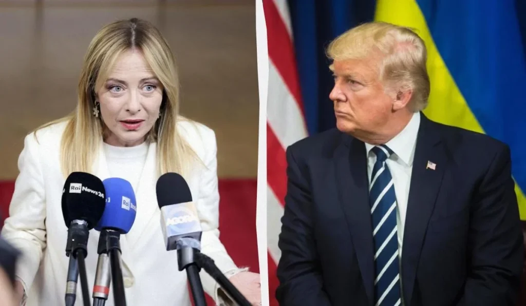 Джорджія Мелоні та Дональд Трамп на тлі прапорів США й України