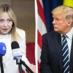 Джорджія Мелоні та Дональд Трамп на тлі прапорів США й України