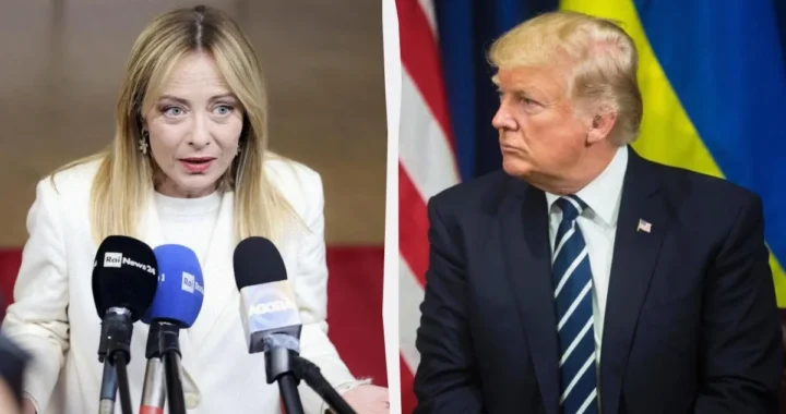 Джорджія Мелоні та Дональд Трамп на тлі прапорів США й України