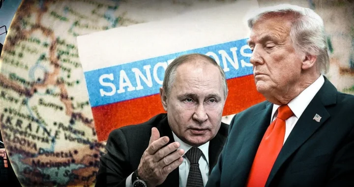 Дональд Трамп и Владимир Путин на фоне флага РФ с надписью SANCTIONS