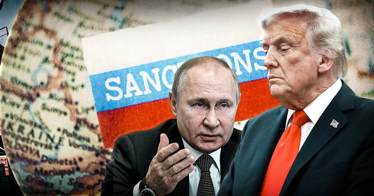 Дональд Трамп і Володимир Путін на тлі прапора РФ з написом SANCTIONS