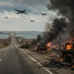 Уничтоженные российские грузовики на мосту после ударов дронов по логистике