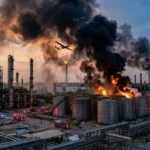 Палаючий НПЗ РФ після ударів українських дронів з чорним димом